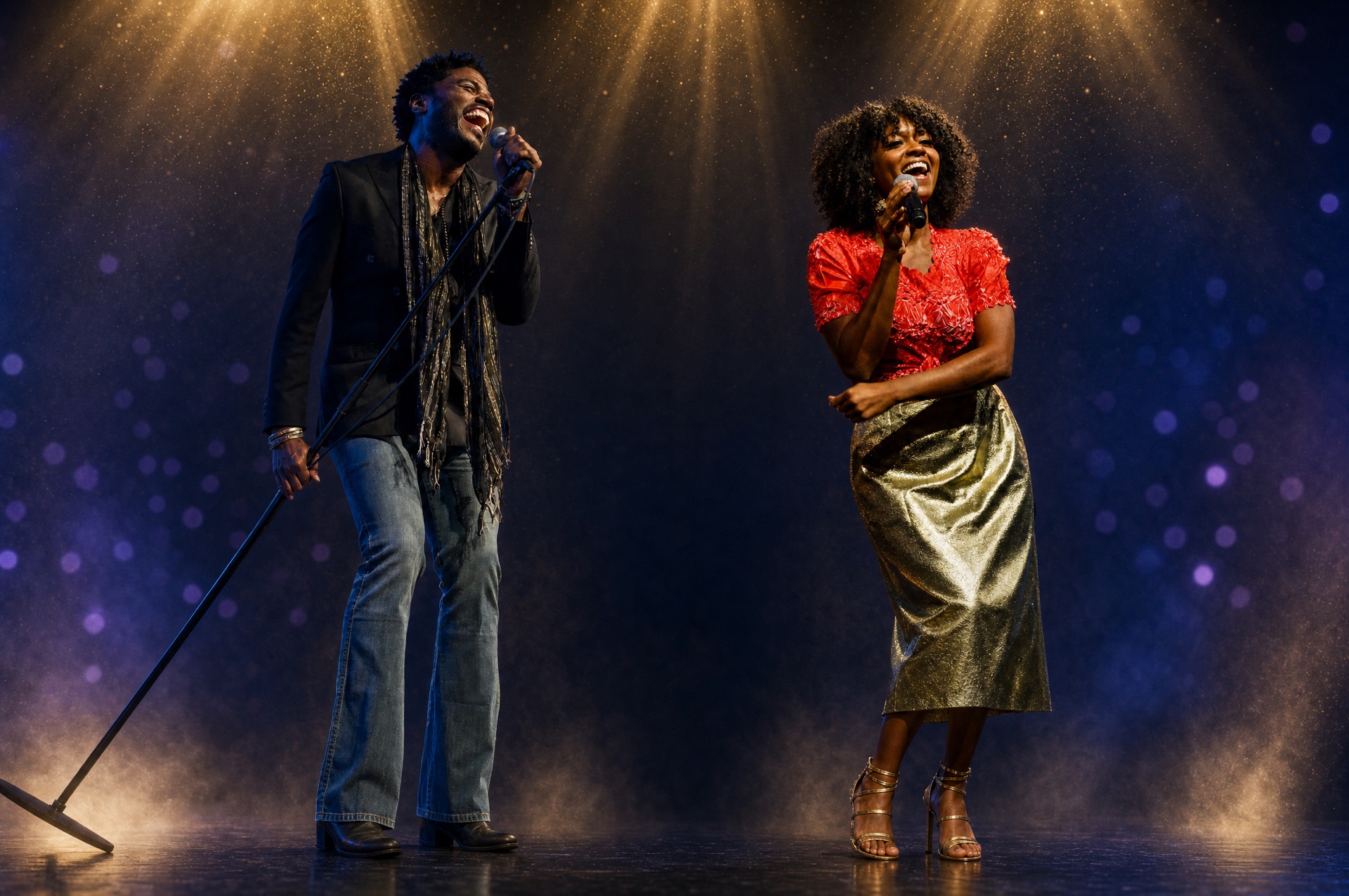 Alex Harris and Syesha Mercado singing on a spotlit stage